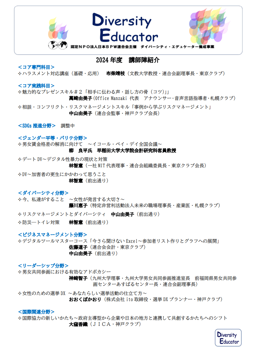 ダイバーシティ・エデュケーター養成カリキュラム講師陣